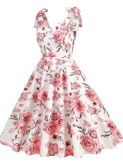 Hot Retro Stage 1950s Floral Lace-Up Shoulder V-Neck Swing Dress