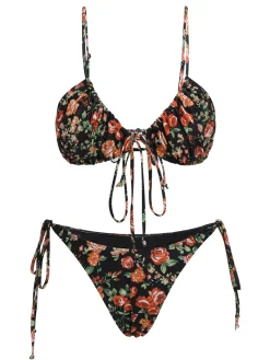 Fashion Retro Stage 1950s Floral Lace-Up Spaghetti Strap Bikini Set Black