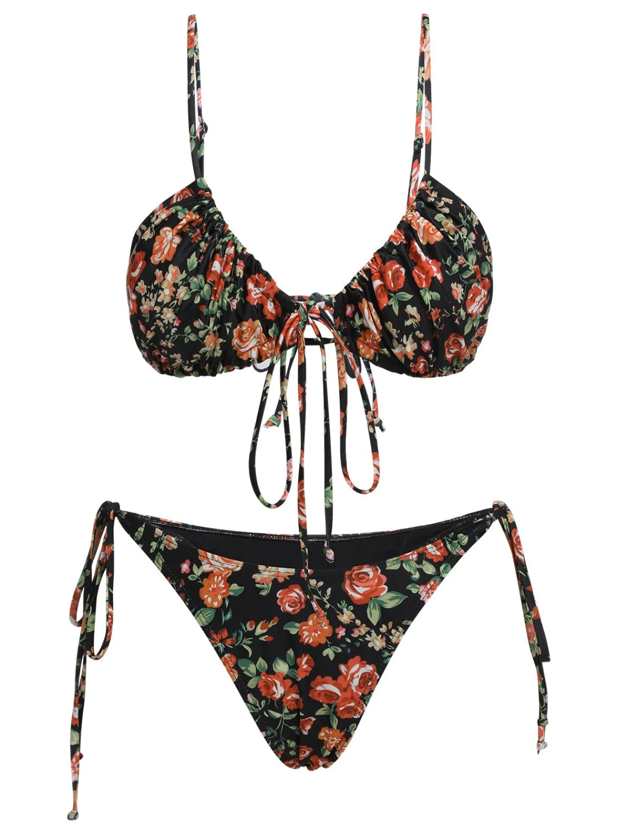 Fashion Retro Stage 1950s Floral Lace-Up Spaghetti Strap Bikini Set Black