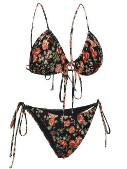 Fashion Retro Stage 1950s Floral Lace-Up Spaghetti Strap Bikini Set Black