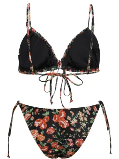 Fashion Retro Stage 1950s Floral Lace-Up Spaghetti Strap Bikini Set Black