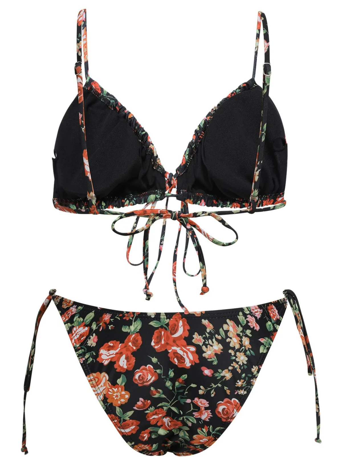 Fashion Retro Stage 1950s Floral Lace-Up Spaghetti Strap Bikini Set Black