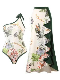 New Retro Stage 1940s Floral One Shoulder Swimsuit & Cover Up Green