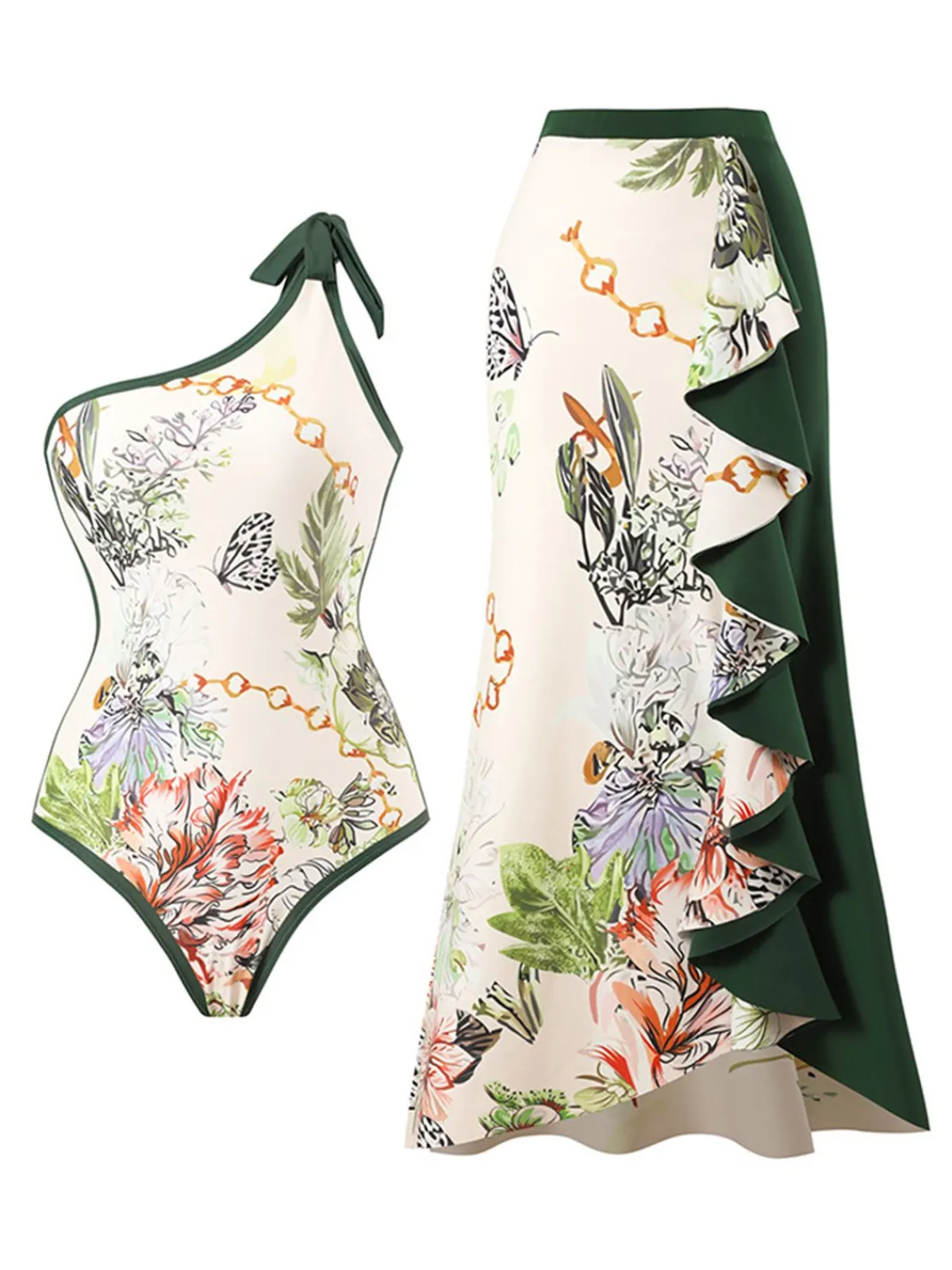 New Retro Stage 1940s Floral One Shoulder Swimsuit & Cover Up Green
