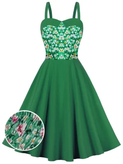 Fashion Retro Stage 1950s Floral Patchwork Strap Swing Dress