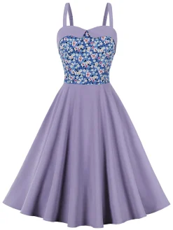 Fashion Retro Stage 1950s Floral Patchwork Strap Swing Dress