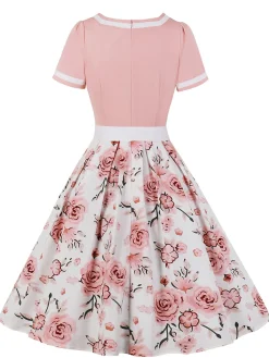 New Retro Stage 1950s Floral Patchwork Swing Dress