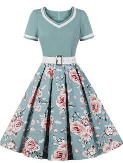 Hot Retro Stage 1950s Floral Patchwork Swing Dress