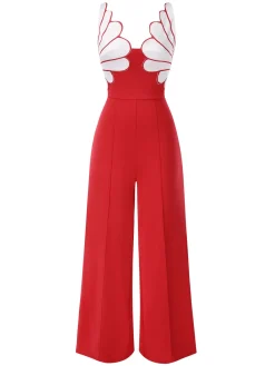 Hot Retro Stage 1930s Floral Patchwork V-Neck Straps Jumpsuit