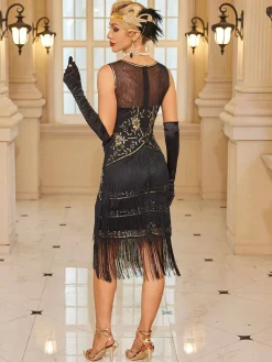 Fashion Retro Stage 1920s Floral Pattern Mesh Sequined Tassel Dress