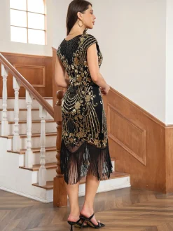 Fashion Retro Stage 1920s Floral Pattern Sequined Tassel Dress