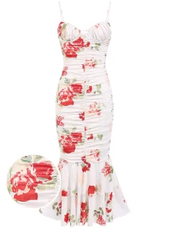 Hot Retro Stage 1930s Floral Pleated Ruffled Hem Dress Multicolor