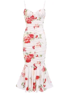 Hot Retro Stage 1930s Floral Pleated Ruffled Hem Dress Multicolor