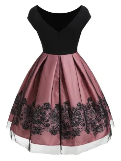 Hot Retro Stage 1950s Floral Print Off Shoulder Dress Pink