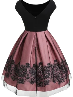 Hot Retro Stage 1950s Floral Print Off Shoulder Dress Pink