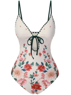 Fashion Retro Stage 1950s Floral Print Spaghetti Strap One-Piece Swimsuit