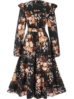 Discount Retro Stage 1940s Floral Print V-Neck Wrap Long Sleeve Dress Multicolor
