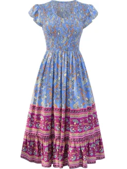 Sale Retro Stage 1970s Floral Printed Flounce Sleeves Bohemian Dress