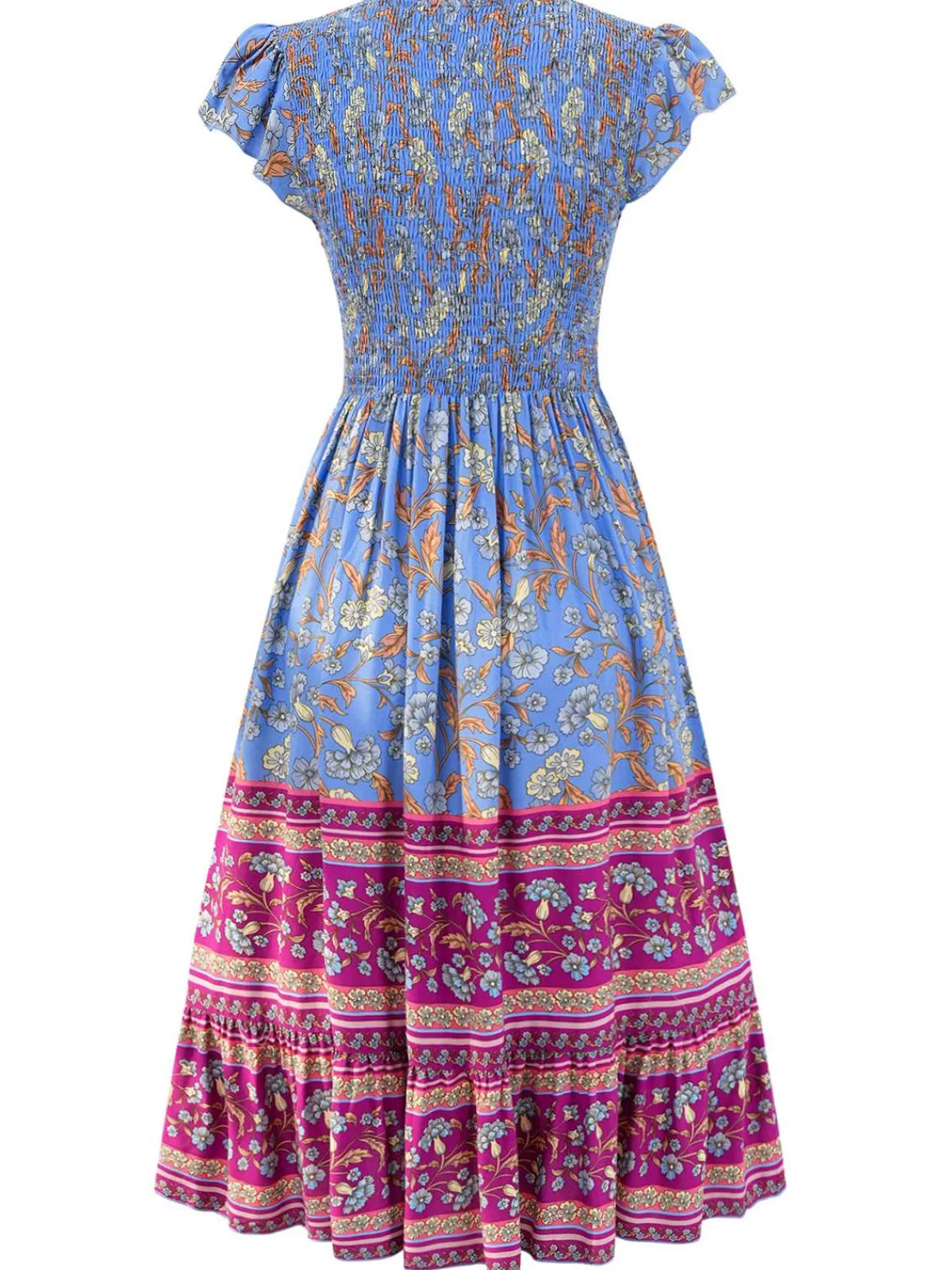 Sale Retro Stage 1970s Floral Printed Flounce Sleeves Bohemian Dress