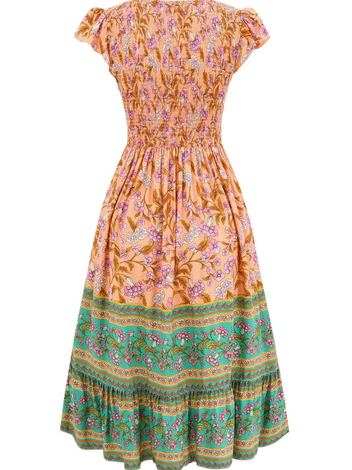 Sale Retro Stage 1970s Floral Printed Flounce Sleeves Bohemian Dress