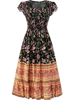 Sale Retro Stage 1970s Floral Printed Flounce Sleeves Bohemian Dress