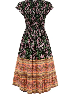 Sale Retro Stage 1970s Floral Printed Flounce Sleeves Bohemian Dress