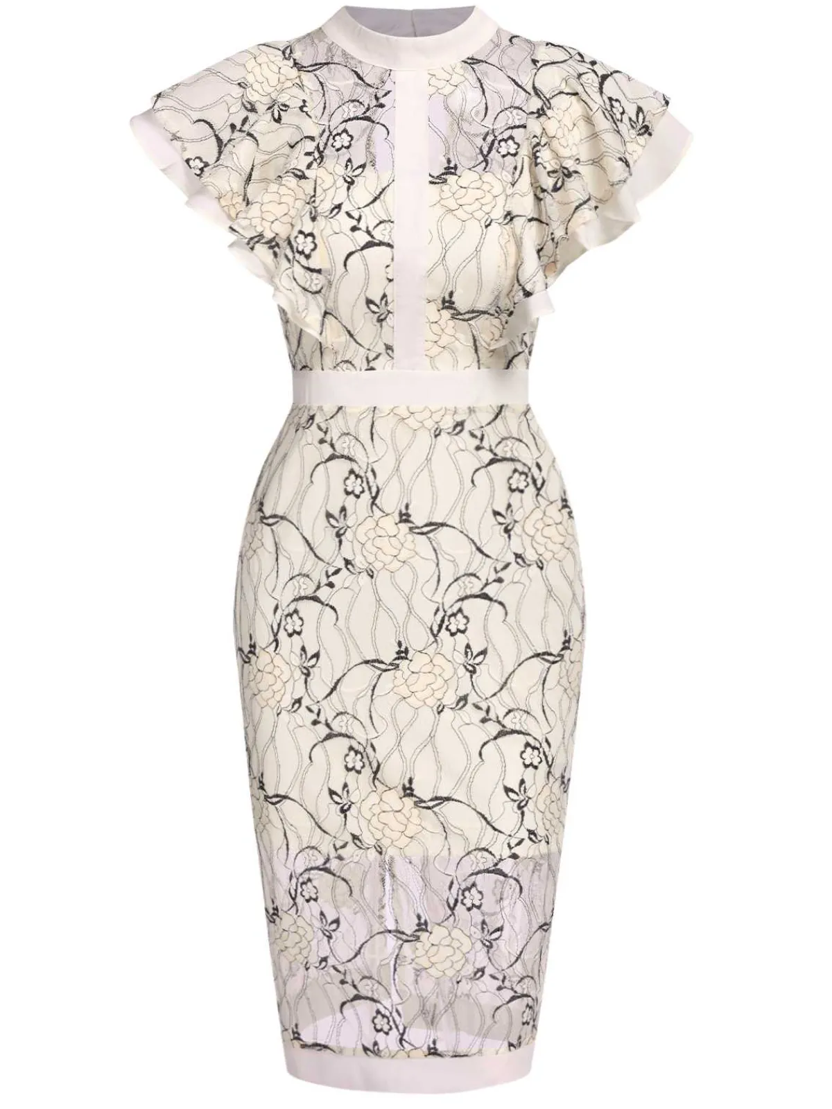 Outlet Retro Stage 1960s Floral Sheer Lace Pencil Dress Beige