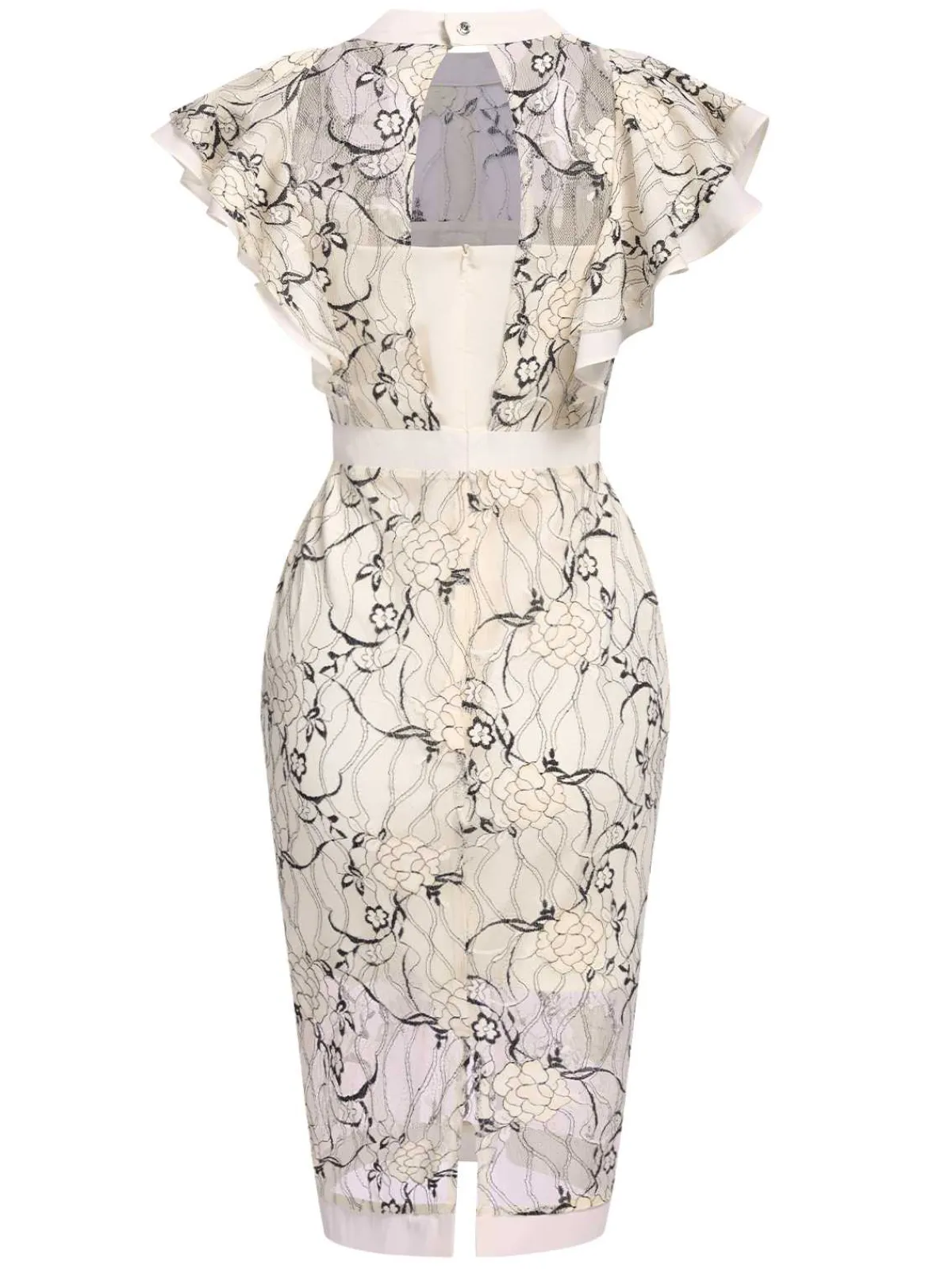 Outlet Retro Stage 1960s Floral Sheer Lace Pencil Dress Beige