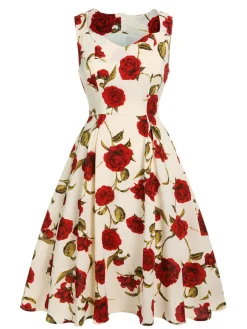 Sale Retro Stage 1950s Floral Sleeveless Heart Collar Dress Red