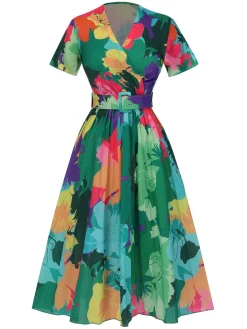 Best Retro Stage 1940s Floral V-Neck Belt Dress Multicolor