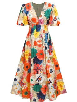Discount Retro Stage 1940s Floral V-Neck Lantern Sleeve Dress Multicolor