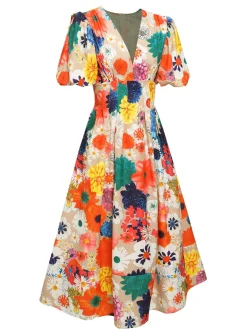 Discount Retro Stage 1940s Floral V-Neck Lantern Sleeve Dress Multicolor