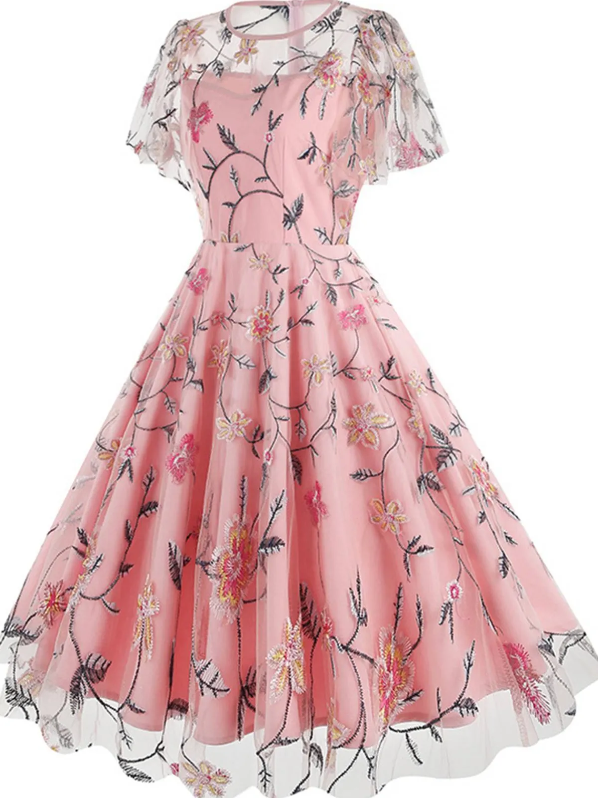 Outlet Retro Stage 1950s Flower Embroidered Mesh Swing Dress