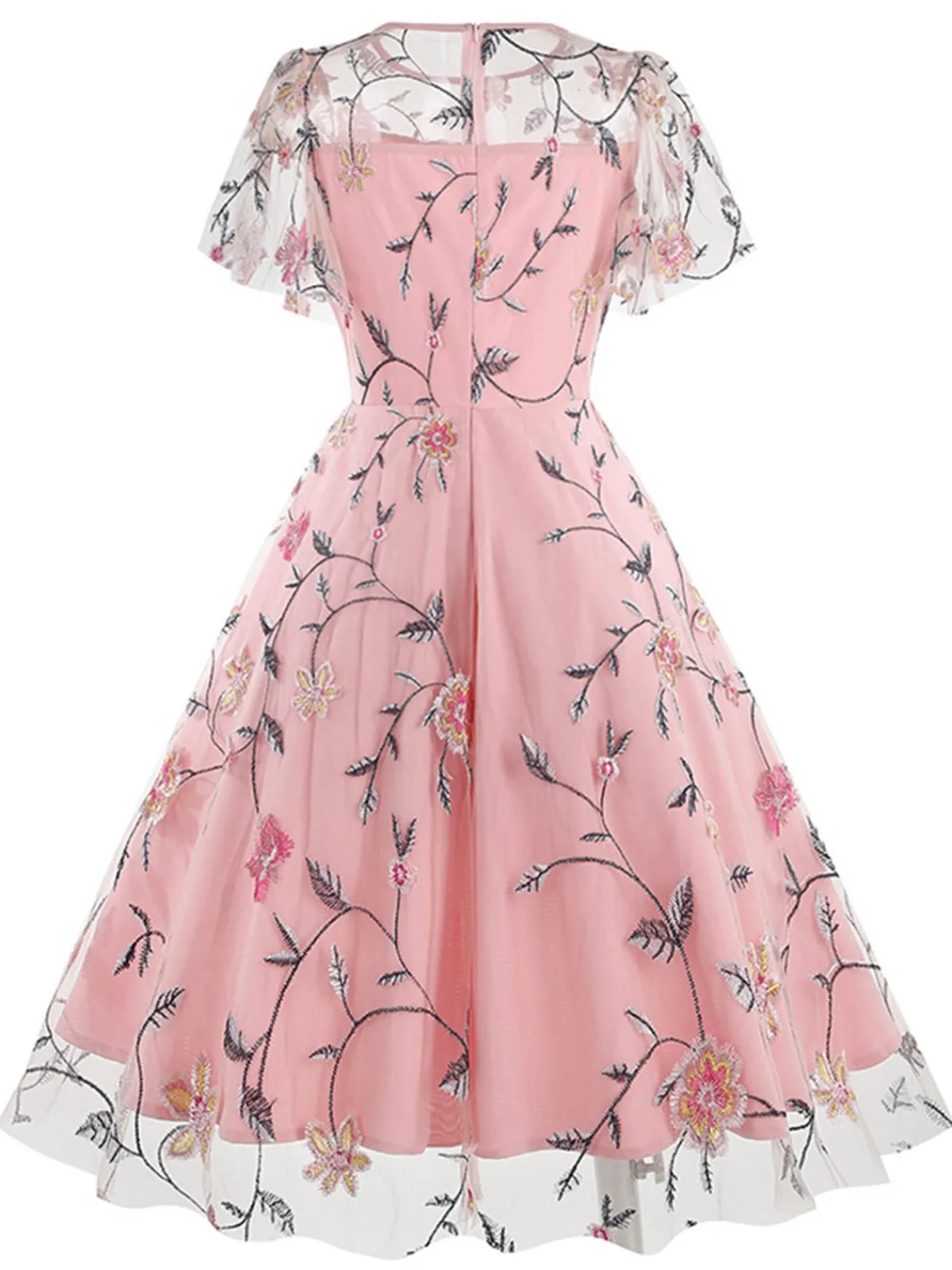 Outlet Retro Stage 1950s Flower Embroidered Mesh Swing Dress