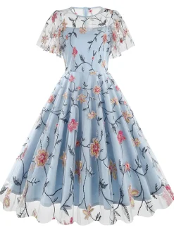 Outlet Retro Stage 1950s Flower Embroidered Mesh Swing Dress
