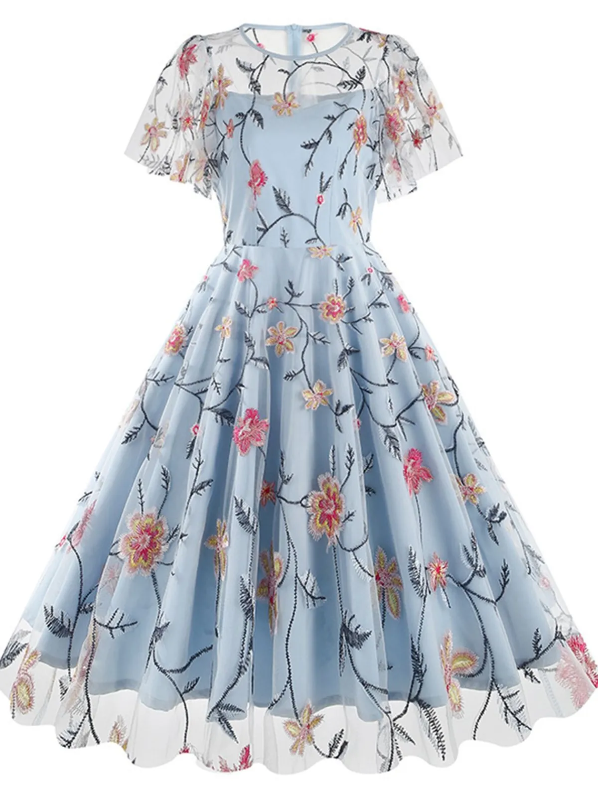 Outlet Retro Stage 1950s Flower Embroidered Mesh Swing Dress