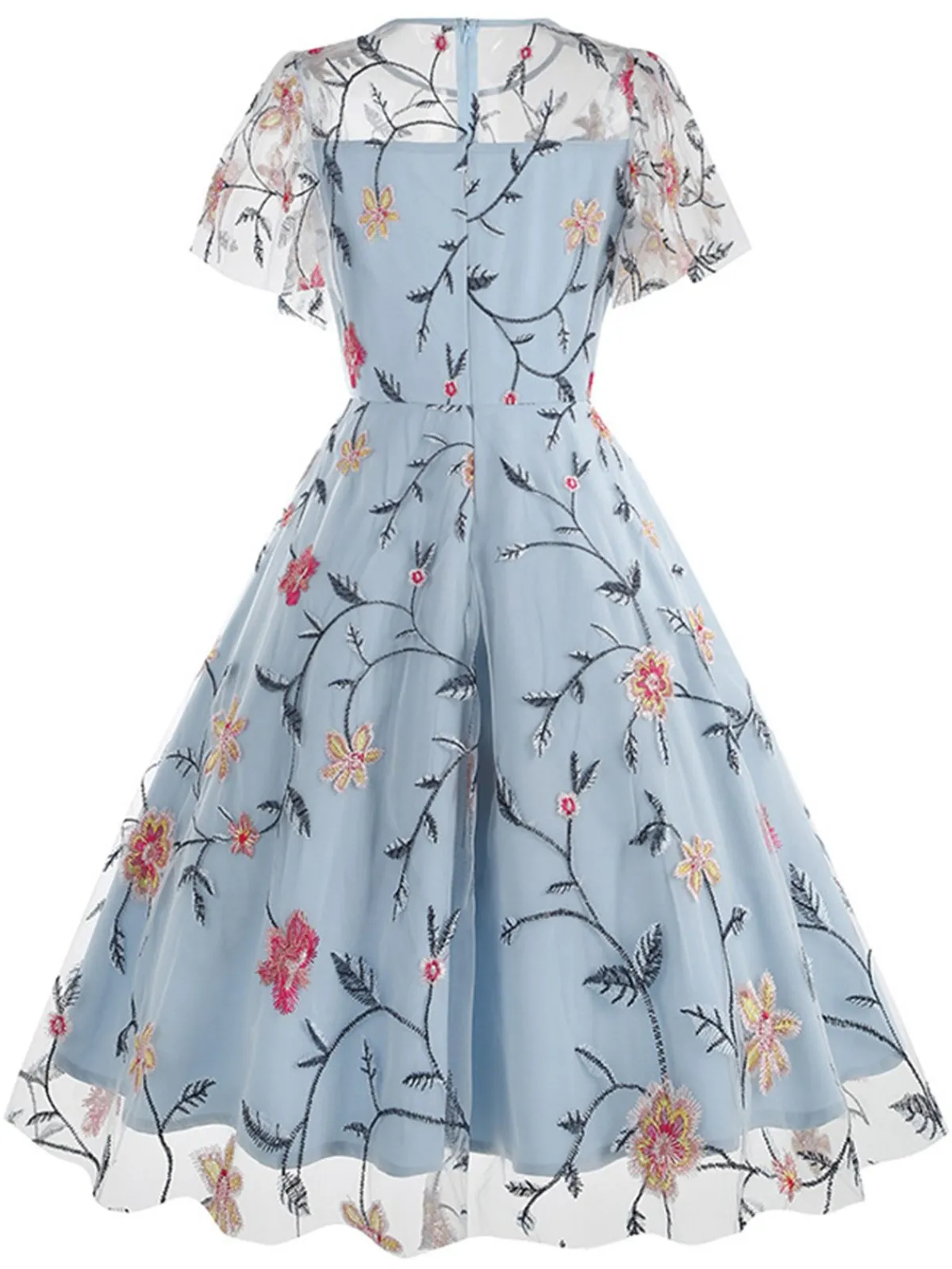 Outlet Retro Stage 1950s Flower Embroidered Mesh Swing Dress