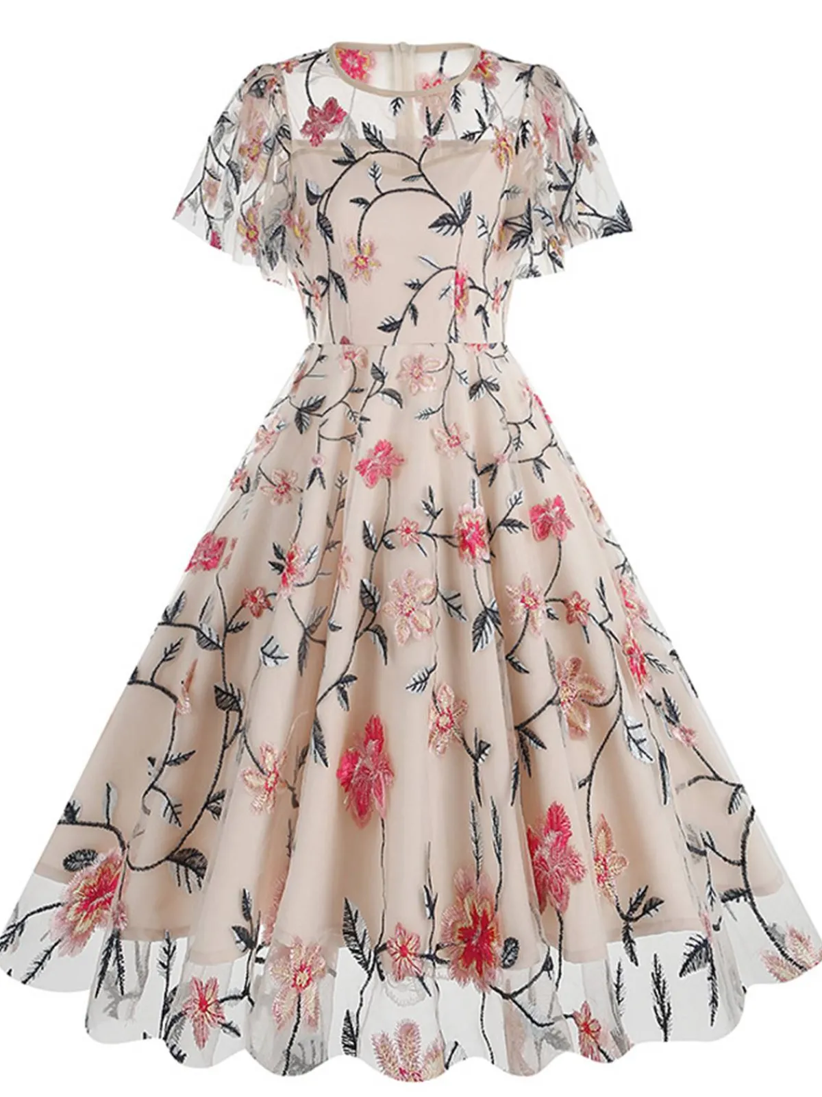 Outlet Retro Stage 1950s Flower Embroidered Mesh Swing Dress