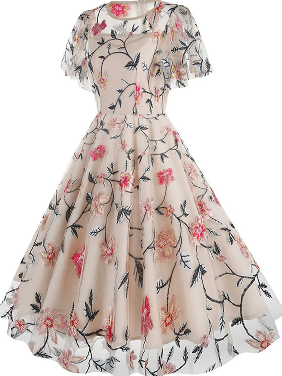 Outlet Retro Stage 1950s Flower Embroidered Mesh Swing Dress