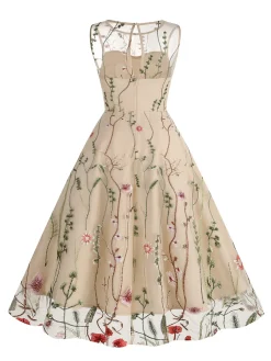 Online Retro Stage 1950s Flower Gauze Sleeveless Swing Dress