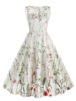 Online Retro Stage 1950s Flower Gauze Sleeveless Swing Dress
