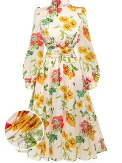 New Retro Stage 1930s Flower Long Sleeves Swing Dress Multi-color