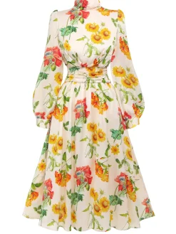 New Retro Stage 1930s Flower Long Sleeves Swing Dress Multi-color