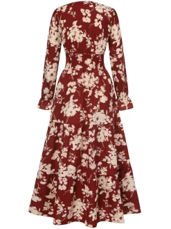 Outlet Retro Stage 1930s Flower Silhouette V-Neck Maxi Dress