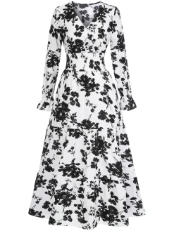 Outlet Retro Stage 1930s Flower Silhouette V-Neck Maxi Dress