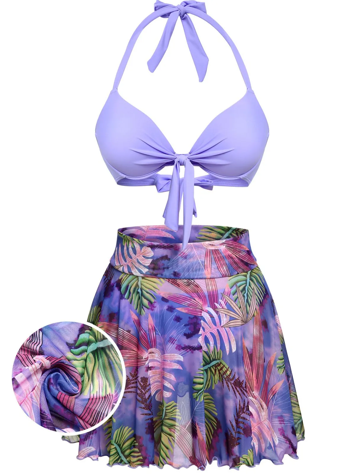 Sale Retro Stage 1940s Flowers Lace-Up Halter Swimsuit Purple
