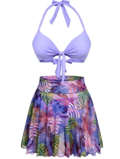 Sale Retro Stage 1940s Flowers Lace-Up Halter Swimsuit Purple