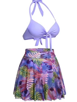 Sale Retro Stage 1940s Flowers Lace-Up Halter Swimsuit Purple