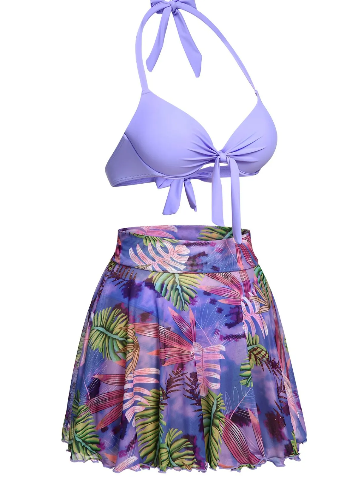 Sale Retro Stage 1940s Flowers Lace-Up Halter Swimsuit Purple