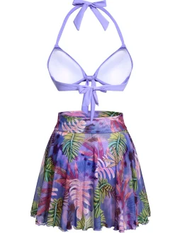 Sale Retro Stage 1940s Flowers Lace-Up Halter Swimsuit Purple
